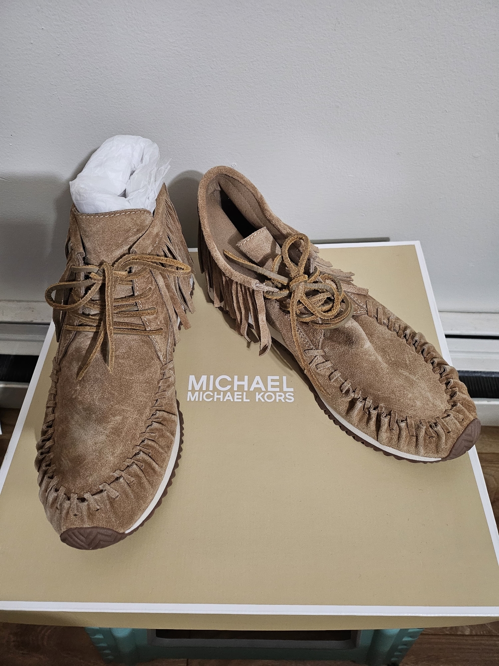 MICHAEL Michael Kors Men’s Suede Fringe Moccasins in Light Brown